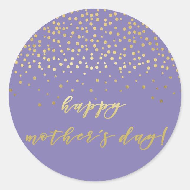 Happy Mother's Day, Purple Gold Script & Confetti  Classic Round Sticker (Front)
