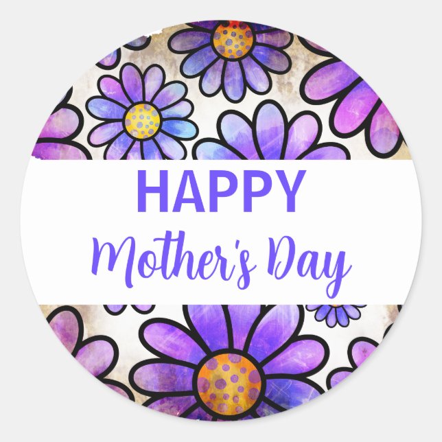 Happy Mother's Day Purple Pink Flowers Classic Round Sticker (Front)
