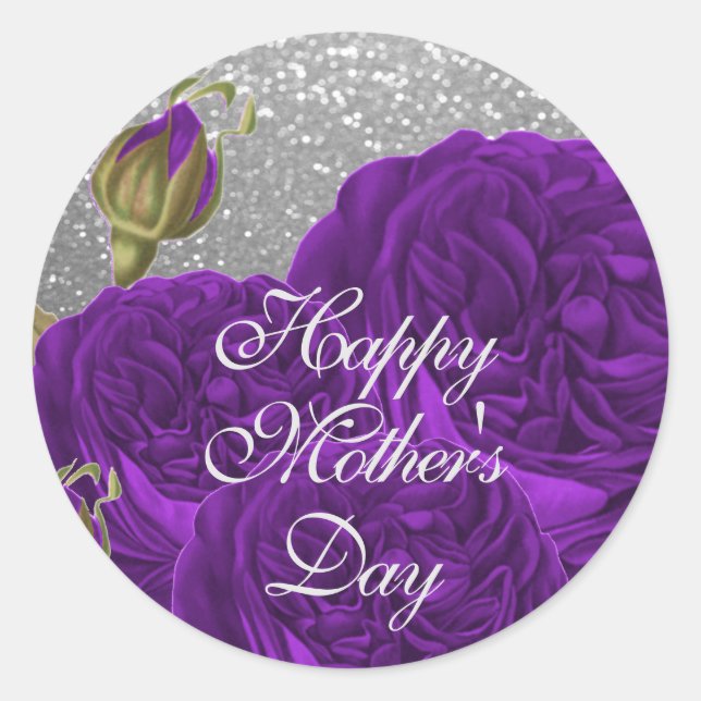 Happy Mother's Day Purple Roses on Silver Glitter Classic Round Sticker (Front)