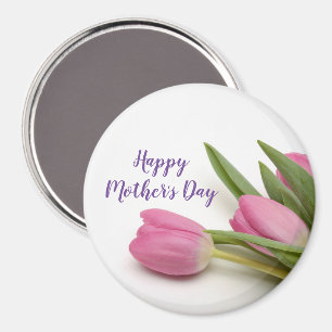 Happy Mother's Day Purple Script Pink Tulips Magnet