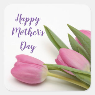 Happy Mother's Day Purple Script Pink Tulips Square Sticker