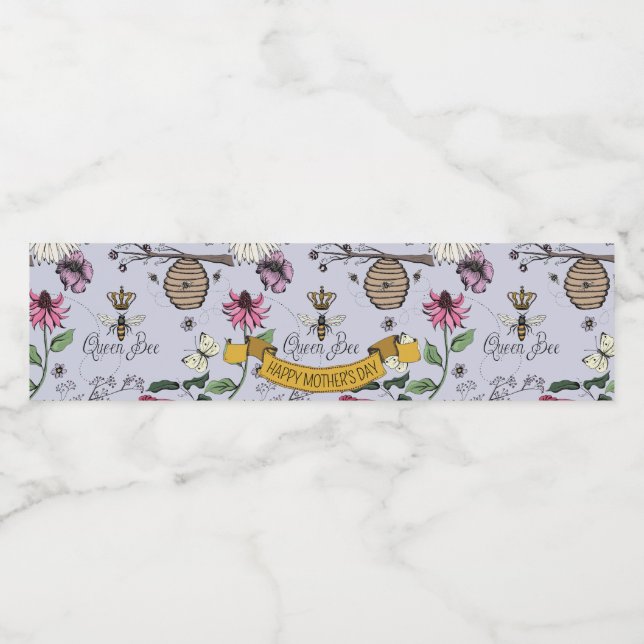 Happy Mothers Day Queen Bee & Crown Floral Water Bottle Label (Single Label)