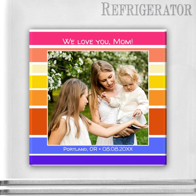Happy Mother's Day Rainbow Striped Photo Magnet (Photo magnet featuring your photo framed by a retro colorful rainbow striped design)