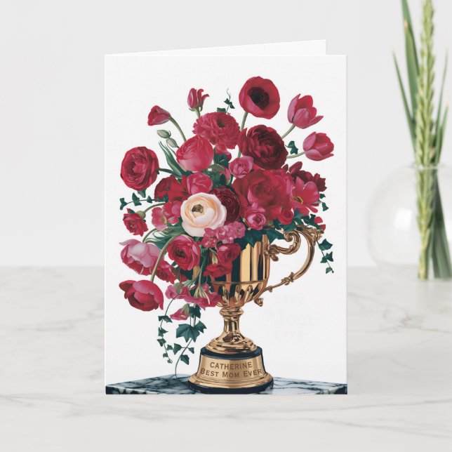 Happy Mother's Day Red Flowers Trophy Customisable Card (Front)