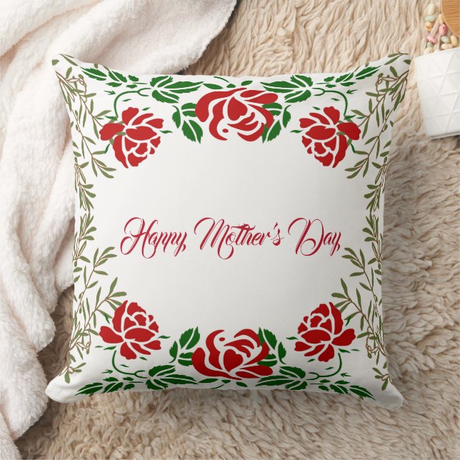 Happy Mothers Day Red Rose Floral Greenery Cute Cushion (Blanket)