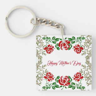 Happy Mothers Day Red Rose Floral Greenery Cute Key Ring