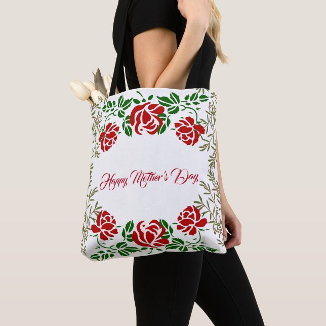 Happy Mothers Day Red Rose Floral Greenery Cute Tote Bag (Close Up)
