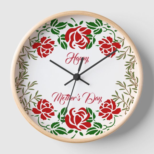  Happy Mothers Day Red Rose Floral Greenery Wall  Clock (Front)