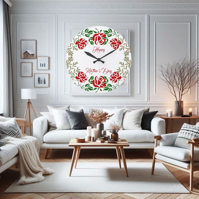  Happy Mothers Day Red Rose Floral Greenery Wall  Large Clock (Happy Mothers Day Red Rose Floral Greenery Wall Large Clock)