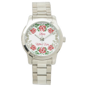 Happy Mothers Day Red Roses Floral Greenery Cute Watch