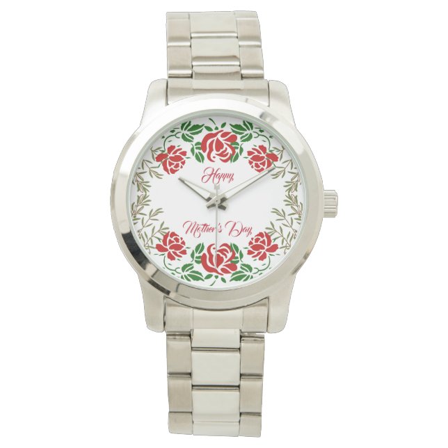 Happy Mothers Day Red Roses Floral Greenery Cute Watch (Front)