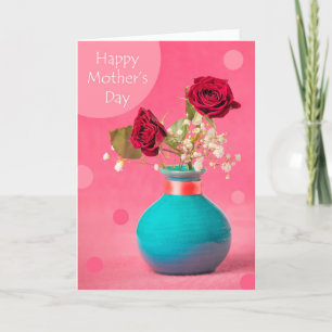 Happy Mother's Day Red Roses in Blue Vase on Pink Holiday Card