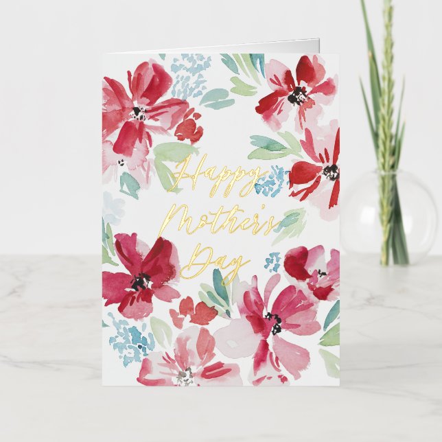Happy Mothers Day Red Watercolor Flower Foil Greeting Card (Front)