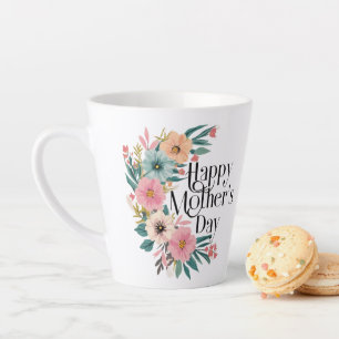 Happy Mothers Day Right Side Flowers Peach Pink Cr Latte Mug