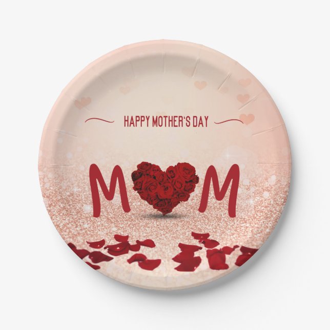 Happy Mother's Day Rose Heart Bouquet Paper Plate (Front)