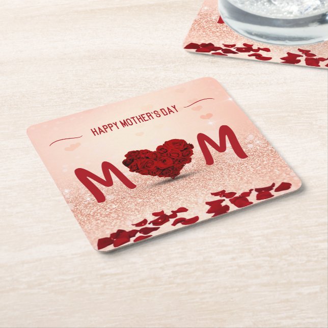 Happy Mother's Day Rose Heart Bouquet Square Paper Coaster (Angled)
