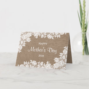 Happy Mother's Day Rustic Burlap & White Lace Card