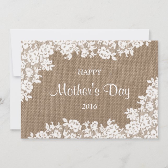 Happy Mother's Day | Rustic Burlap & White Lace Invitation (Front)