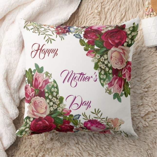 Happy Mothers Day Rustic Rose Floral Green Foliage Cushion (Blanket)