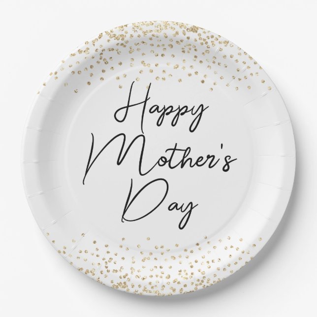 Happy Mother's Day Script & Gold Glitter Confetti  Paper Plate (Front)