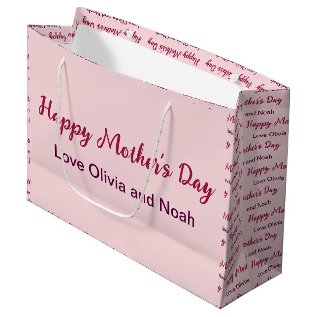 Happy Mother's Day Script Pale Pink Name of Giver Large Gift Bag (Front Angled)