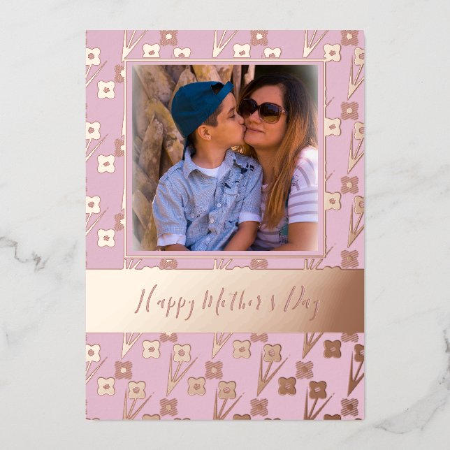 Happy Mother's Day Simple Florals Pink  Foil Holiday Card (Front)