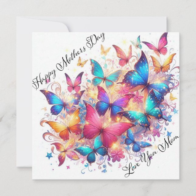 Happy Mothers Day Sparkling Butterflies Holiday Card (Front)