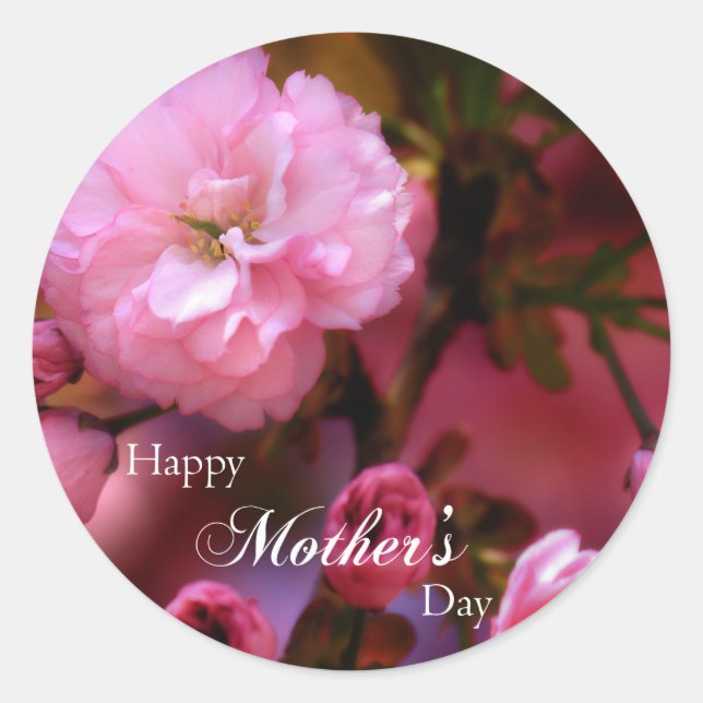 Happy Mothers Day Spring Pink Cherry Blossoms Classic Round Sticker (Front)