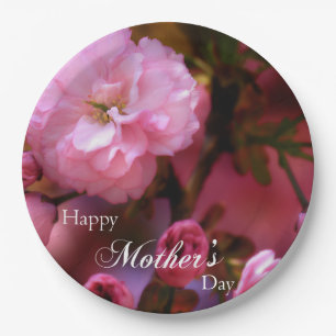 Happy Mothers Day Spring Pink Cherry Blossoms Paper Plate