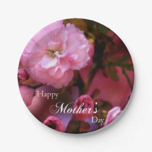 Happy Mothers Day Spring Pink Cherry Blossoms Paper Plate
