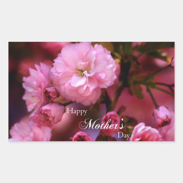 Happy Mothers Day Spring Pink Cherry Blossoms Rectangular Sticker (Front)