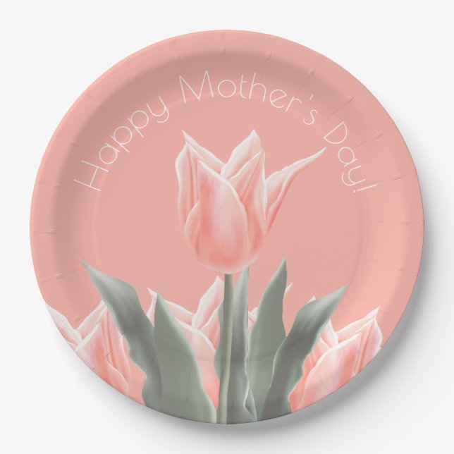 Happy Mother's Day! Stylish Peach Tulips Flowers Paper Plate (Front)