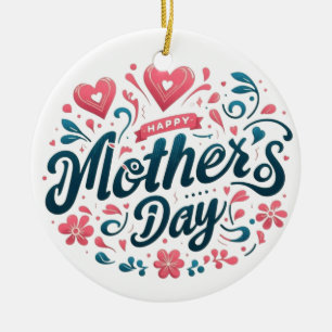 Happy Mother's Day - Vibrant Teal and Pink Floral Ceramic Tree Decoration