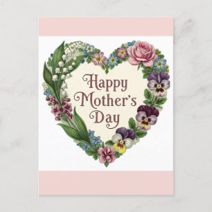 Happy Mothers Day Victorian Floral Heart Wreath Postcard