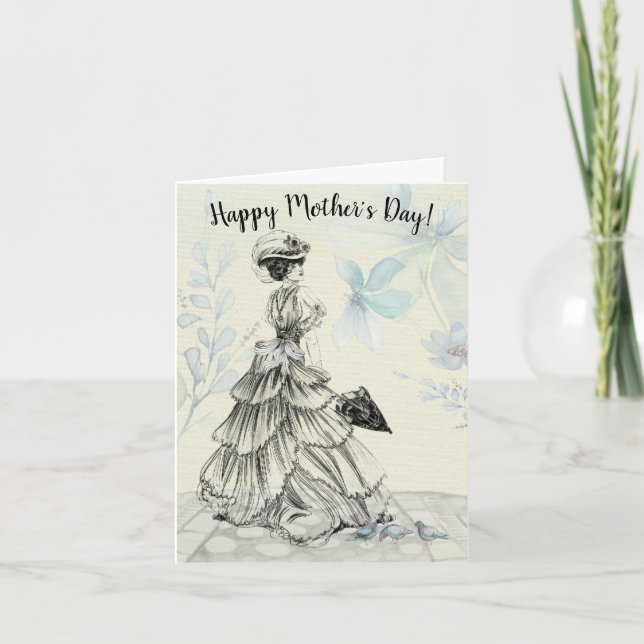 Happy Mother's Day Victorian Woman Parasol Birds Holiday Card (Front)