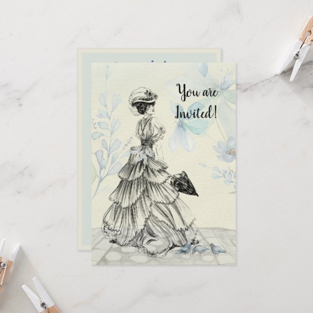 Happy Mother's Day Victorian Woman Parasol Birds Invitation (Front/Back In Situ)