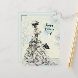Happy Mother's Day Victorian Woman Parasol Birds Postcard