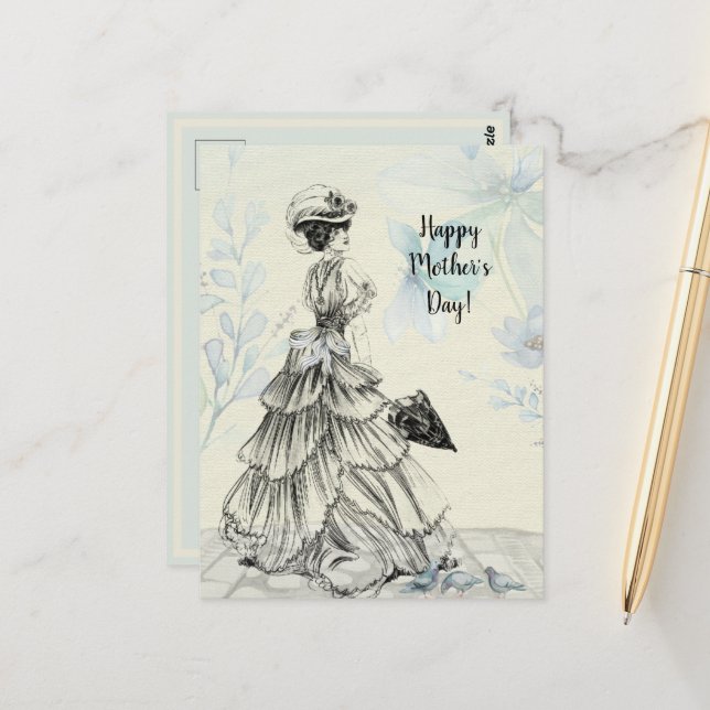 Happy Mother's Day Victorian Woman Parasol Birds Postcard (Front/Back In Situ)