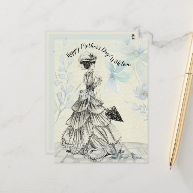 Happy Mother's Day Victorian Woman Parasol Birds Postcard (Front/Back In Situ)