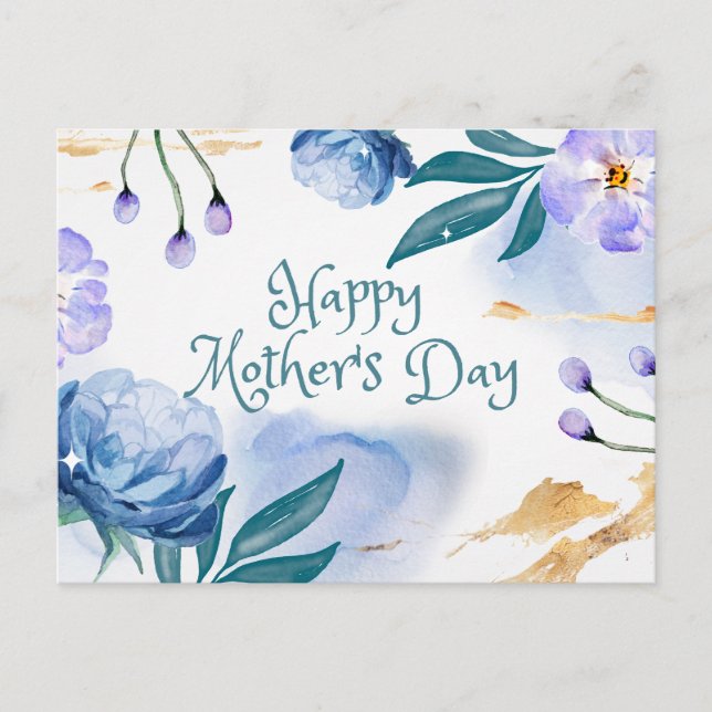 Happy Mother's Day Watercolor Blue, Purple Flowers Postcard (Front)