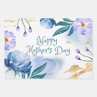 Happy Mother's Day Watercolor Blue, Purple Flowers Wrapping Paper Sheet