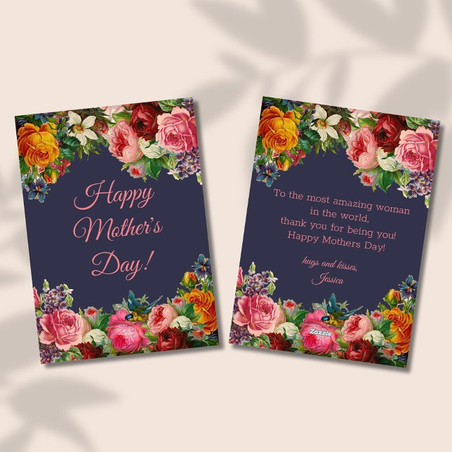 happy mothers day watercolor botanical blue pink holiday card (Creator Uploaded)