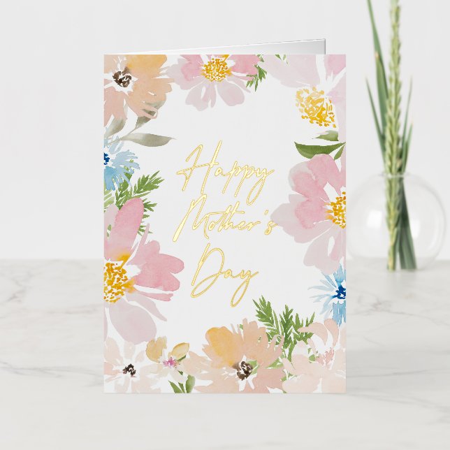 Happy Mothers Day Watercolor Flower Foil Greeting Card (Front)