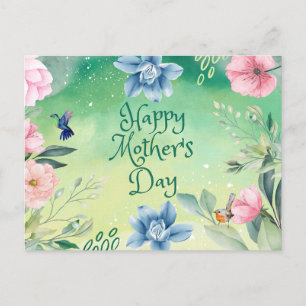 Happy Mother's Day Watercolor Pink, Blue Flowers Postcard