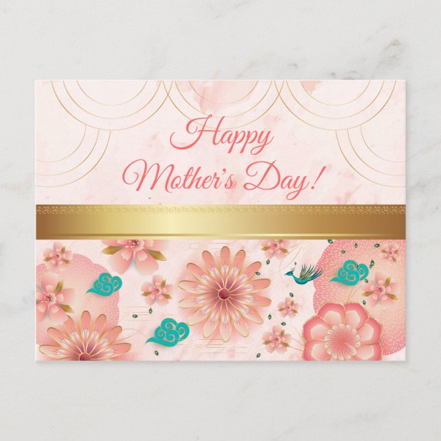 Happy Mother's Day Watercolor Pink Flowers Postcard (Front)