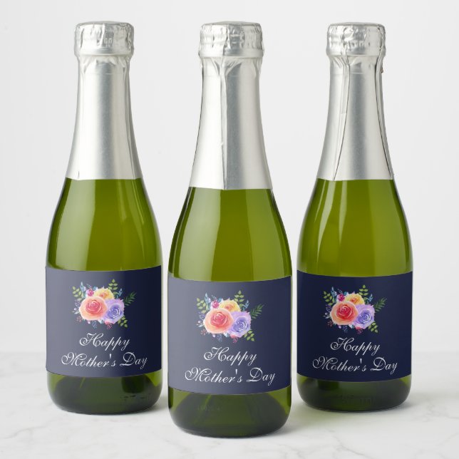 Happy Mother's Day Watercolor Roses Bouquet Sparkling Wine Label (Bottles)