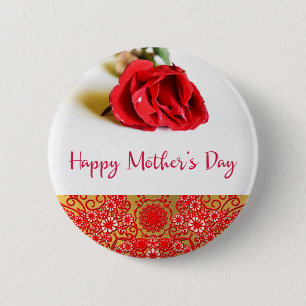 Happy Mother's Day with a Single Red Rose 6 Cm Round Badge