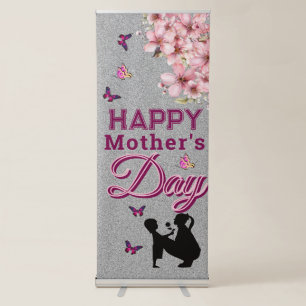 Happy Mother's Day with Butterflies & Pink Flowers Retractable Banner