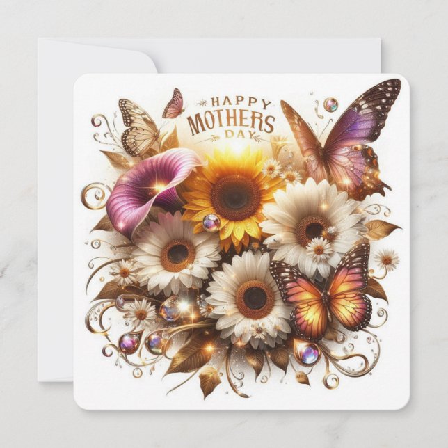 Happy Mothers Day with Calla Lilies, Sunflowers  Holiday Card (Front)