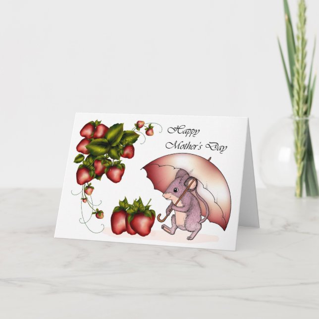 Happy Mother's Day with little mouse strawberries Holiday Card (Front)